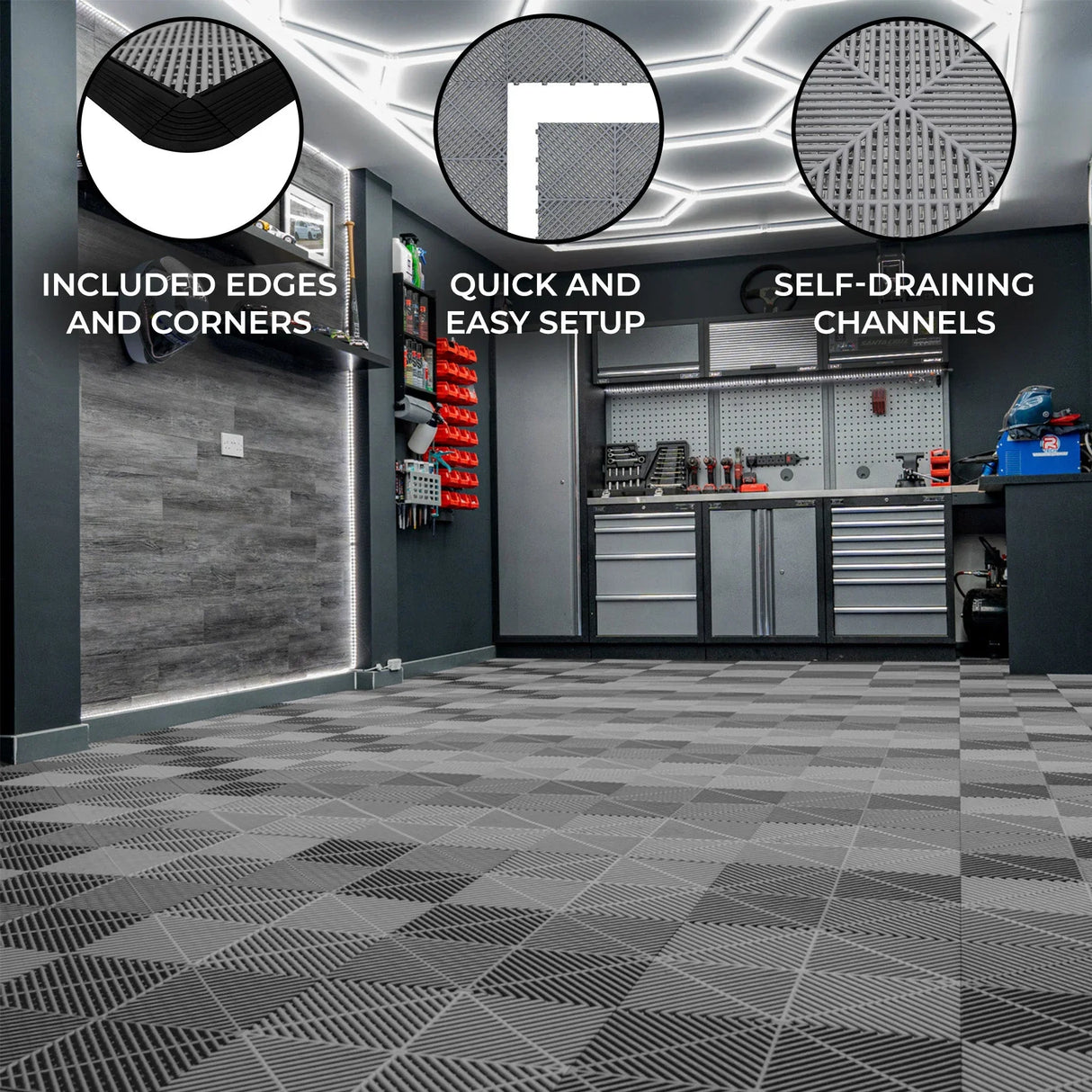 Vented grey garage floor tiles with included edges, featuring a textured design for drainage and easy installation in a modern garage setting