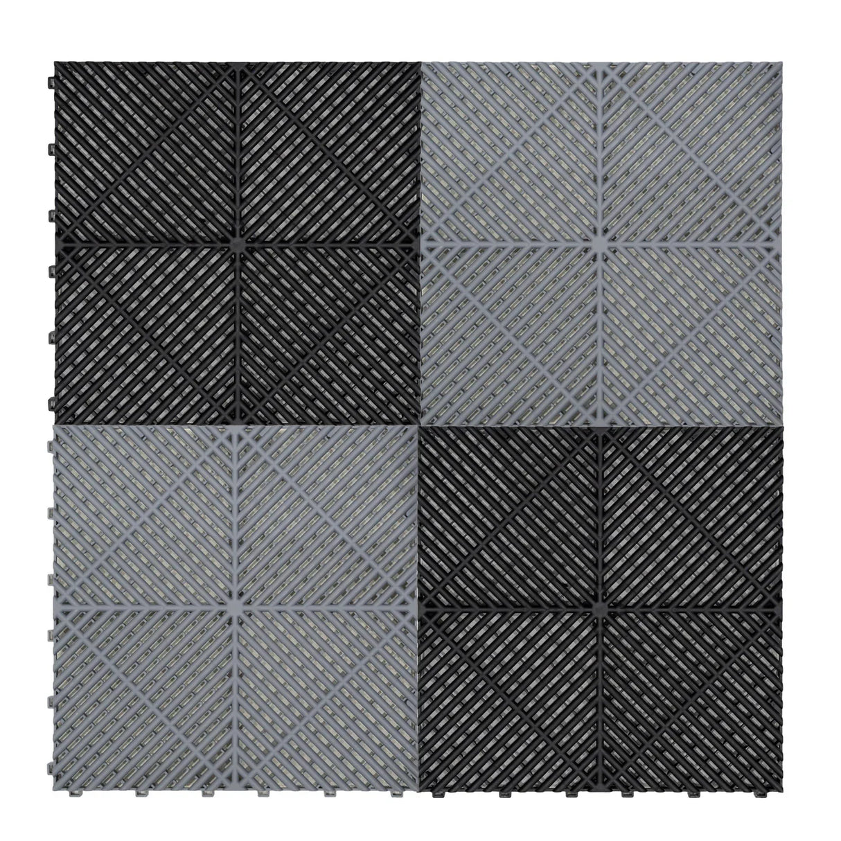 Vented garage floor tiles in a checkerboard pattern, featuring 120 black and 120 grey tiles with textured surfaces for durability