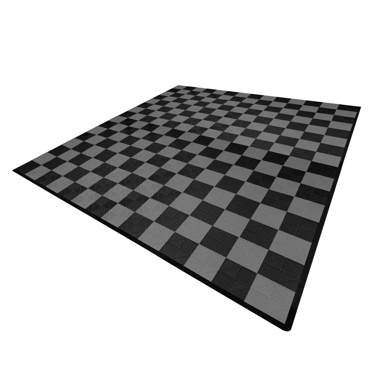 Vented garage floor tiles in a checkerboard pattern, featuring 120 black and 120 grey tiles with textured surfaces and beveled edges
