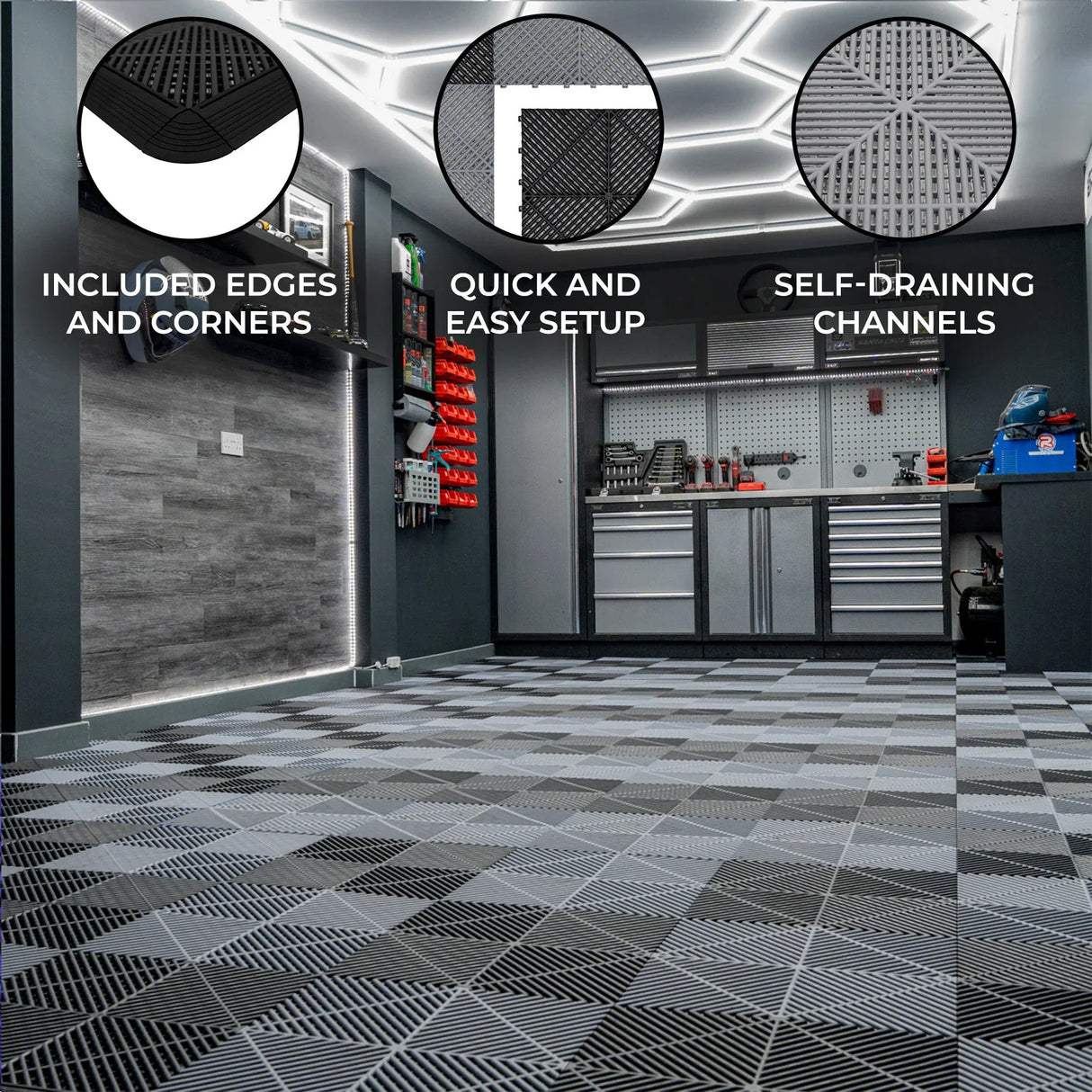 Vented garage floor tiles in black and grey with self-draining channels, featuring included edges for easy setup and a modern geometric pattern