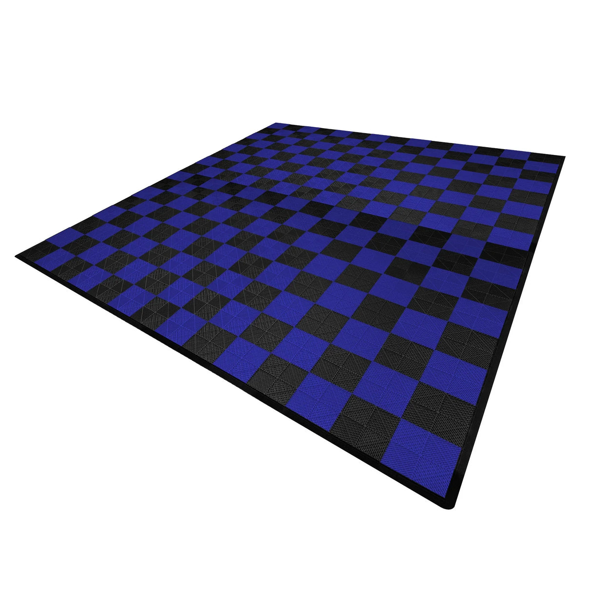 Vented garage floor tiles in a checkerboard pattern featuring 120 black and 120 blue tiles, textured for grip and durability