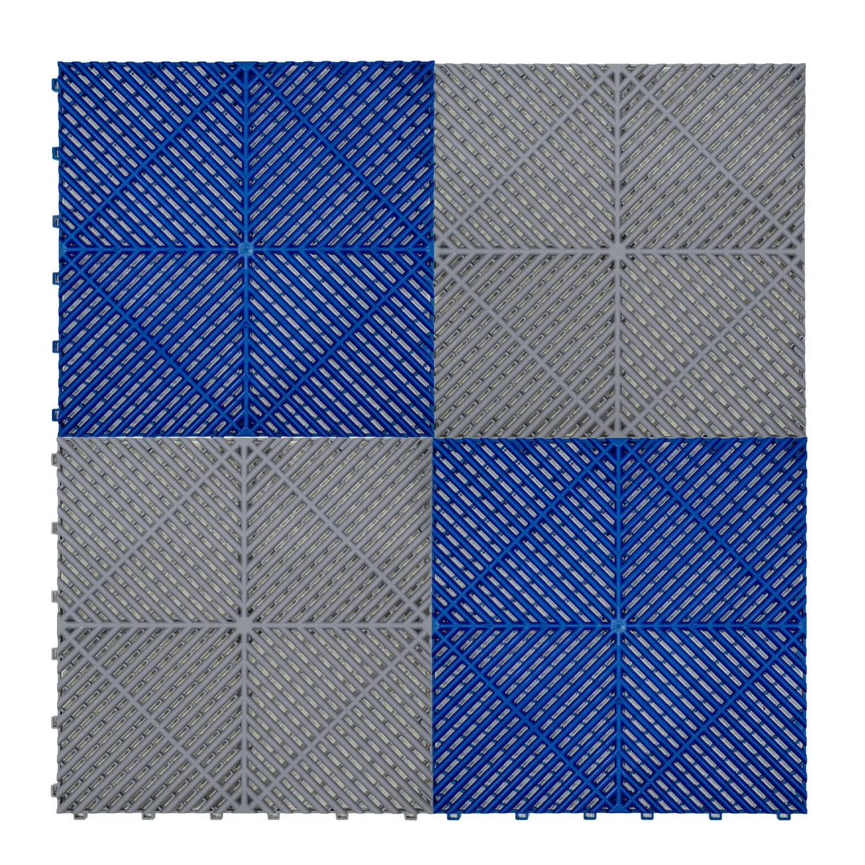 Vented garage floor tiles in alternating grey and blue colors, featuring a textured surface and interlocking edges for easy installation