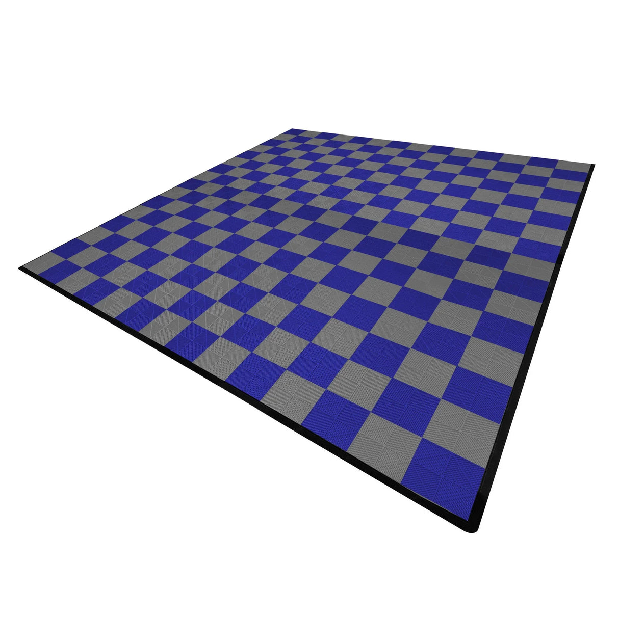 Vented garage floor tiles in a checkerboard pattern, featuring alternating grey and blue squares, with black edges for a finished look