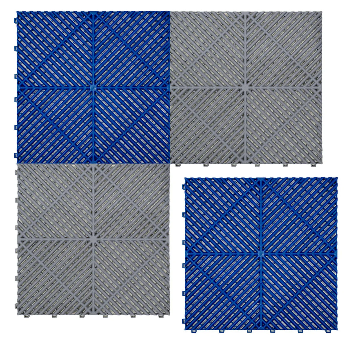 Vented garage floor tiles in grey and blue, featuring a textured surface and interlocking edges for easy installation and durability