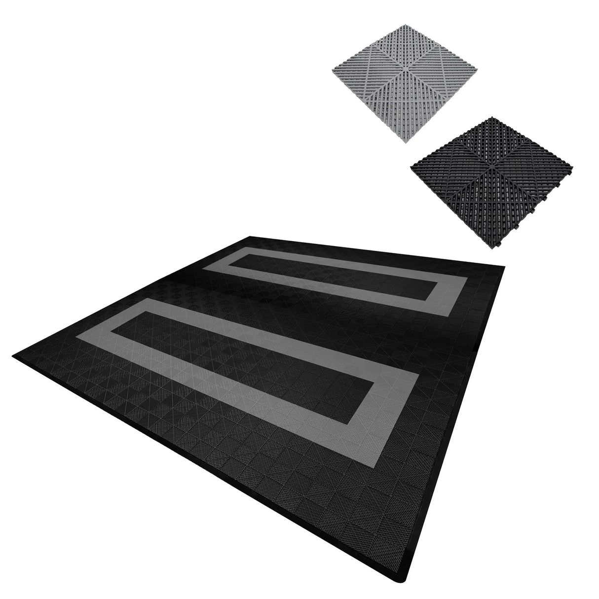 Vented garage floor tiles in black and grey, featuring a textured surface and interlocking edges for easy installation and durability