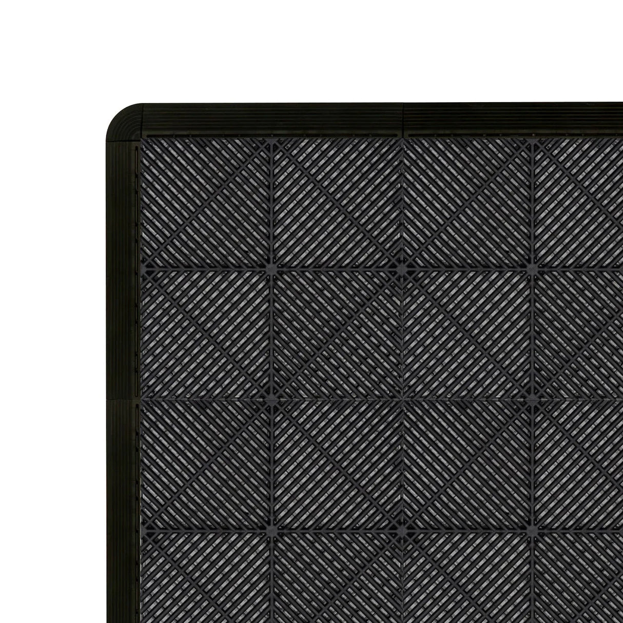 Vented garage floor tiles in black and grey, featuring a textured surface and interlocking edges for easy installation and durability