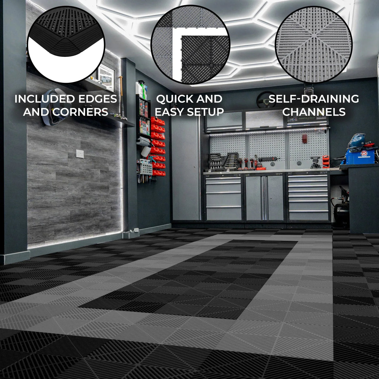 Vented garage floor tiles in black and grey, featuring textured surfaces, self-draining channels, and included edges for easy installation