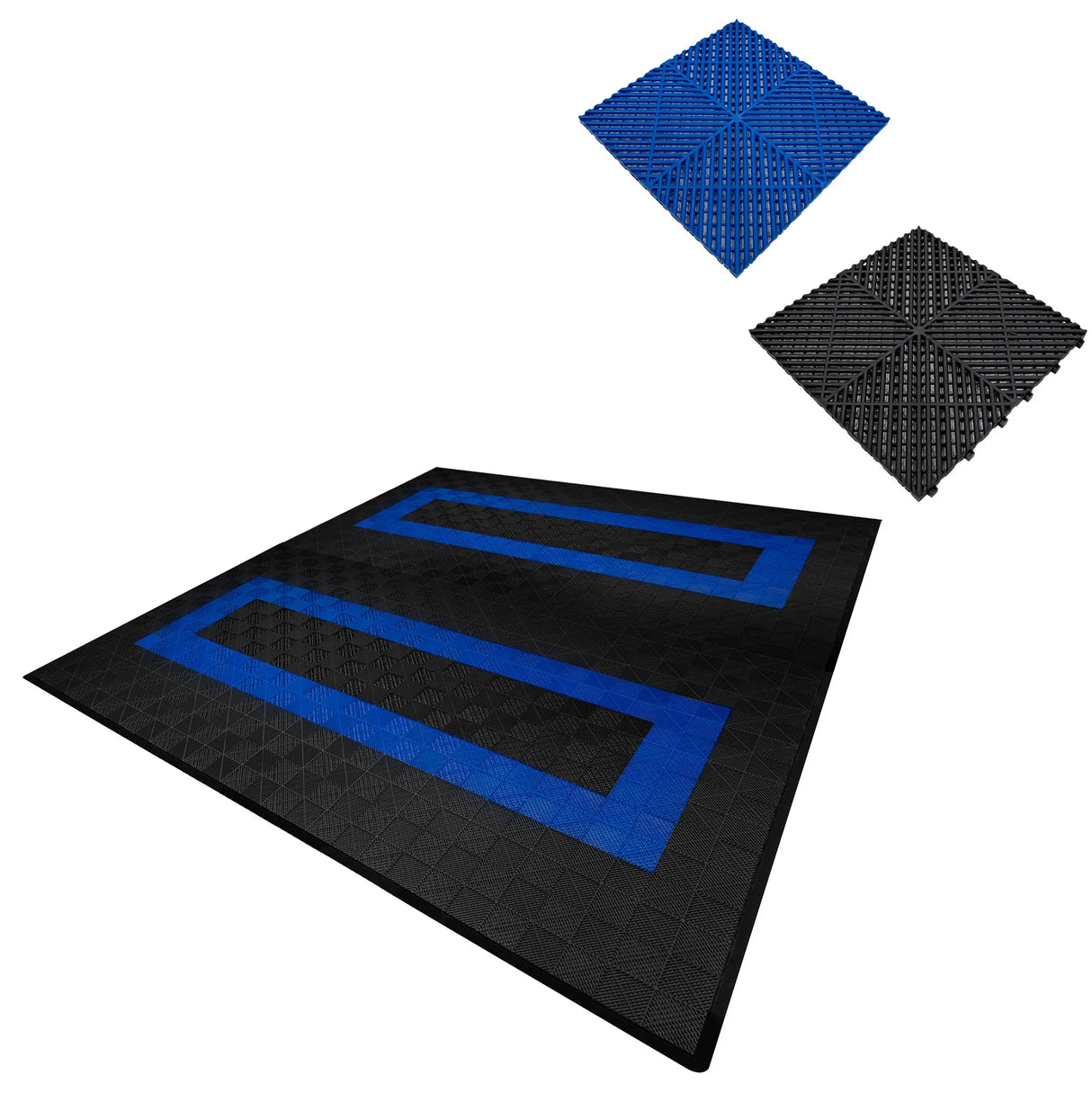 Vented garage floor tiles in black with blue edges, featuring a textured surface and interlocking design for easy installation