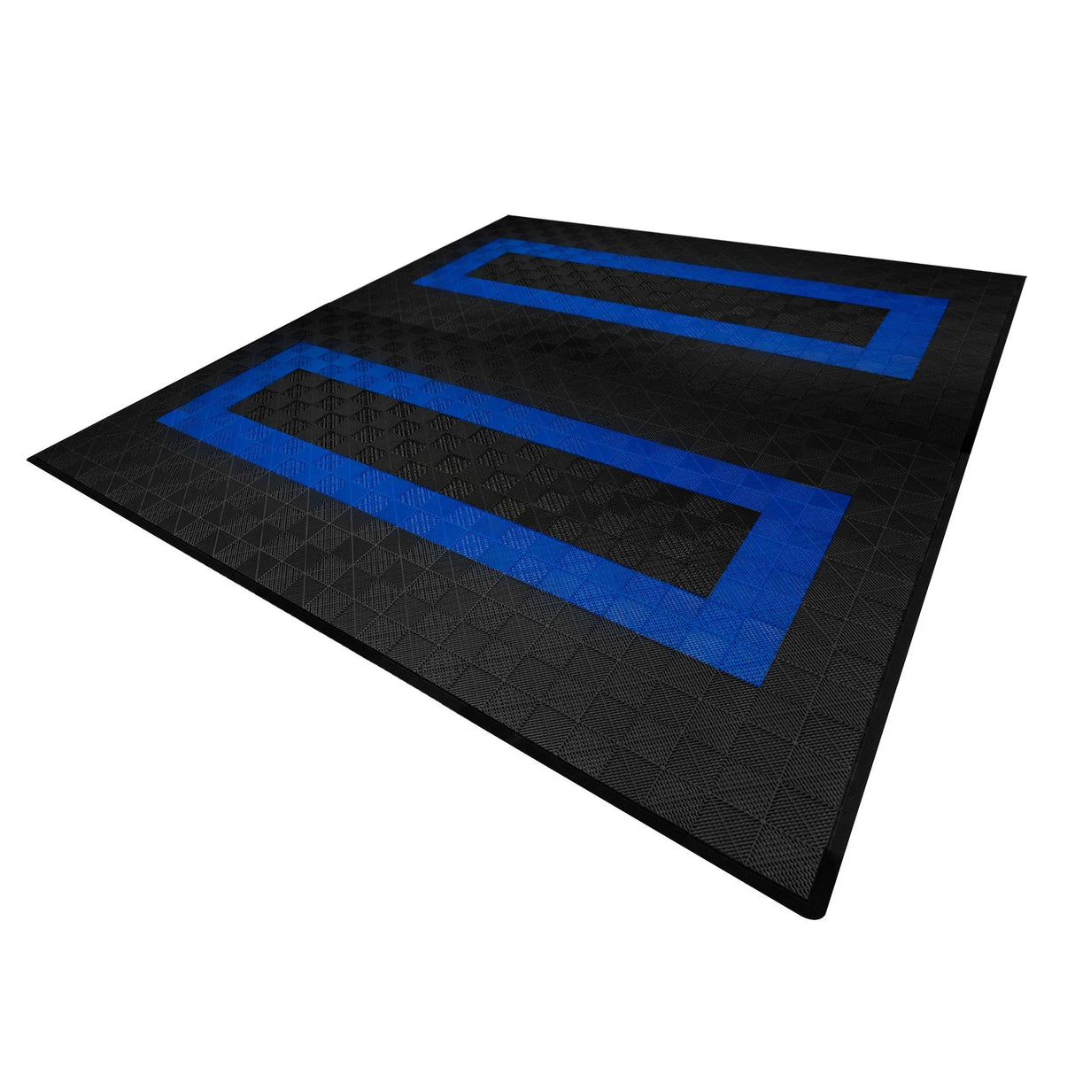 Vented garage floor tiles in black with blue edges, featuring a textured surface for traction and durability, ideal for garages