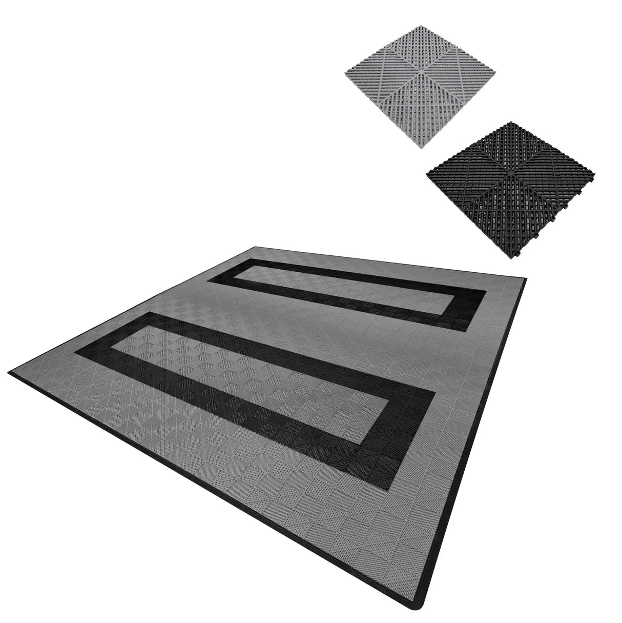 Vented garage floor tiles in grey and black, featuring a textured surface and interlocking edges for easy installation and durability