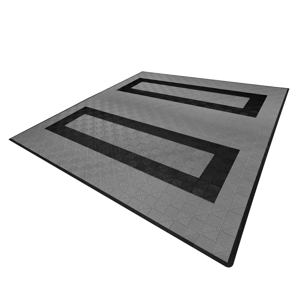 Vented garage floor tiles featuring a sleek design with 165 grey and 60 black tiles, showcasing a textured surface and edge detailing