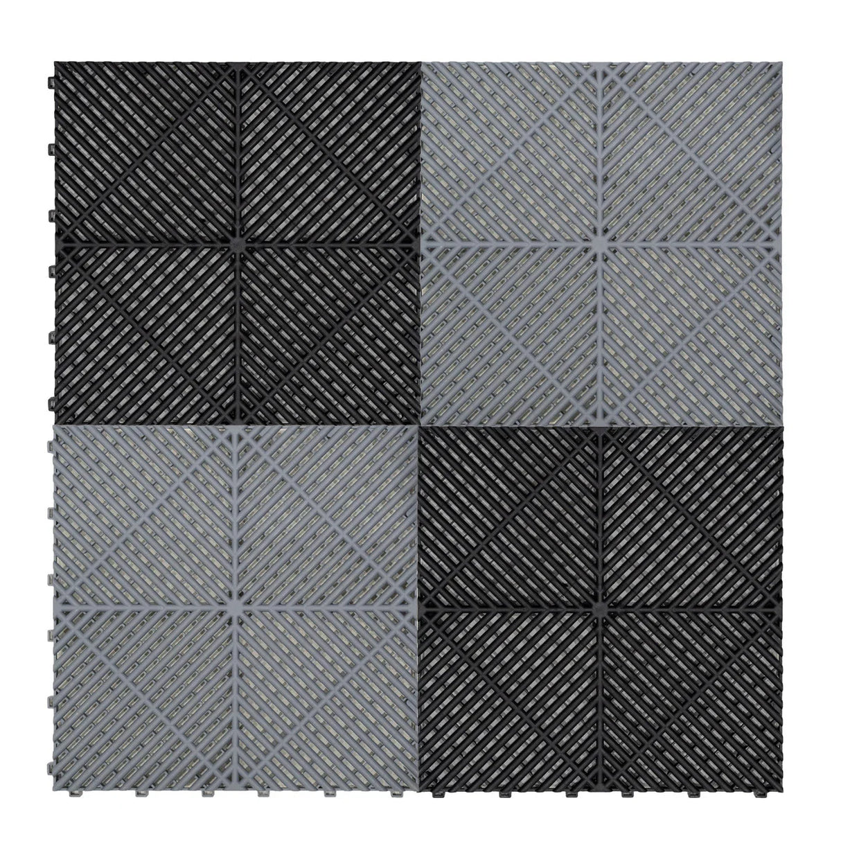 Vented garage floor tiles in a checkerboard pattern, featuring 165 grey and 60 black tiles with textured surfaces for grip