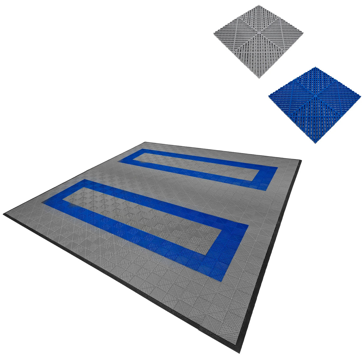 Vented garage floor tiles in grey with blue edges, featuring a textured surface and interlocking design for easy installation