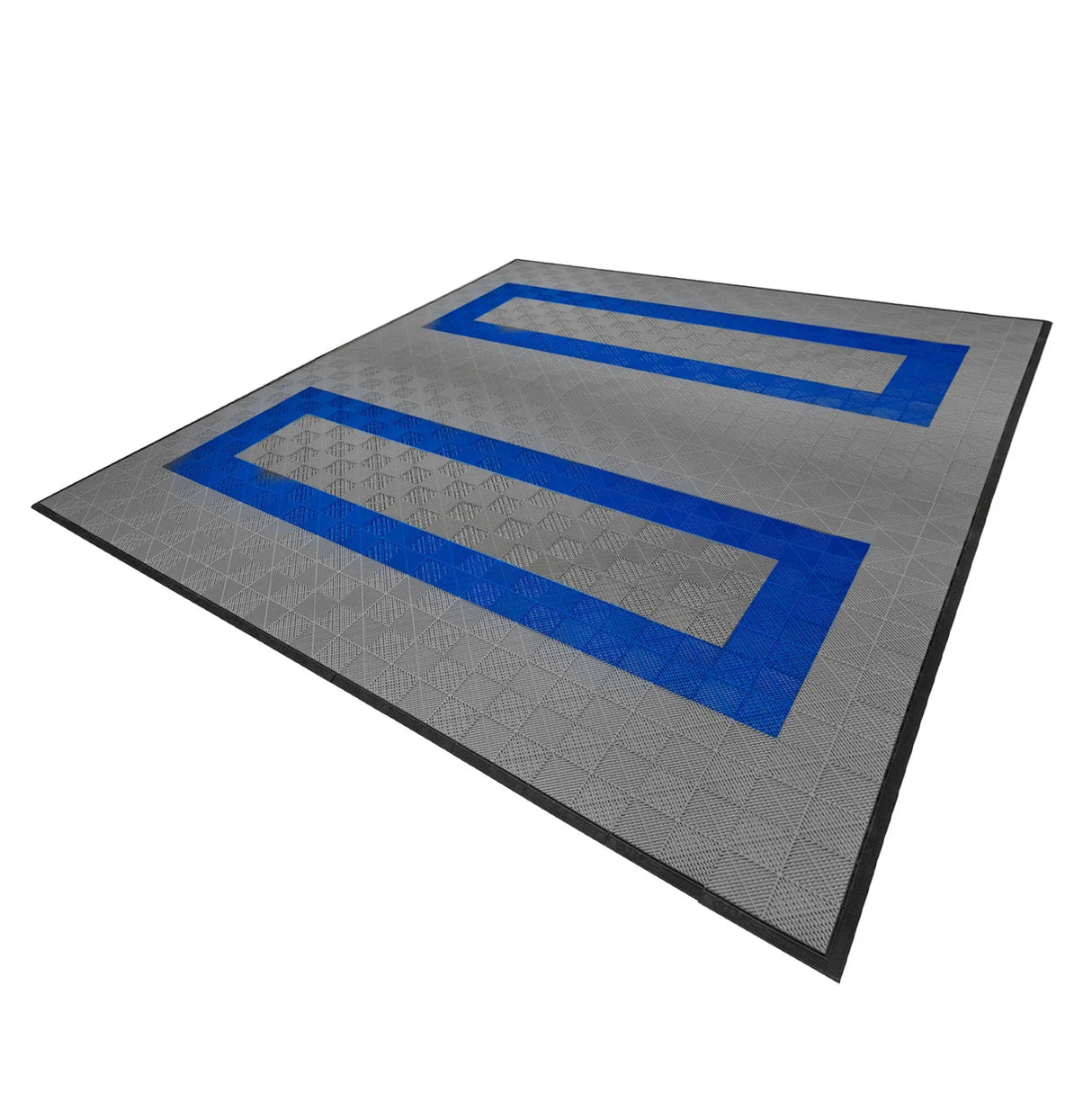 Vented garage floor tiles in grey with blue edges, featuring a textured surface and interlocking design for durability and style