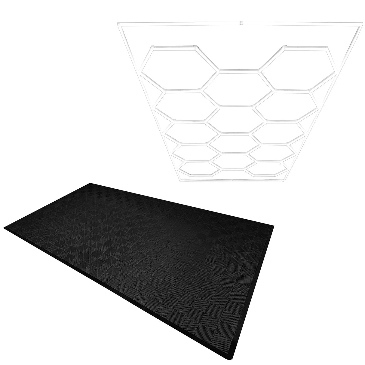 Hexagon LED light design with black vented garage floor tiles, featuring a textured surface and sleek edges for durability