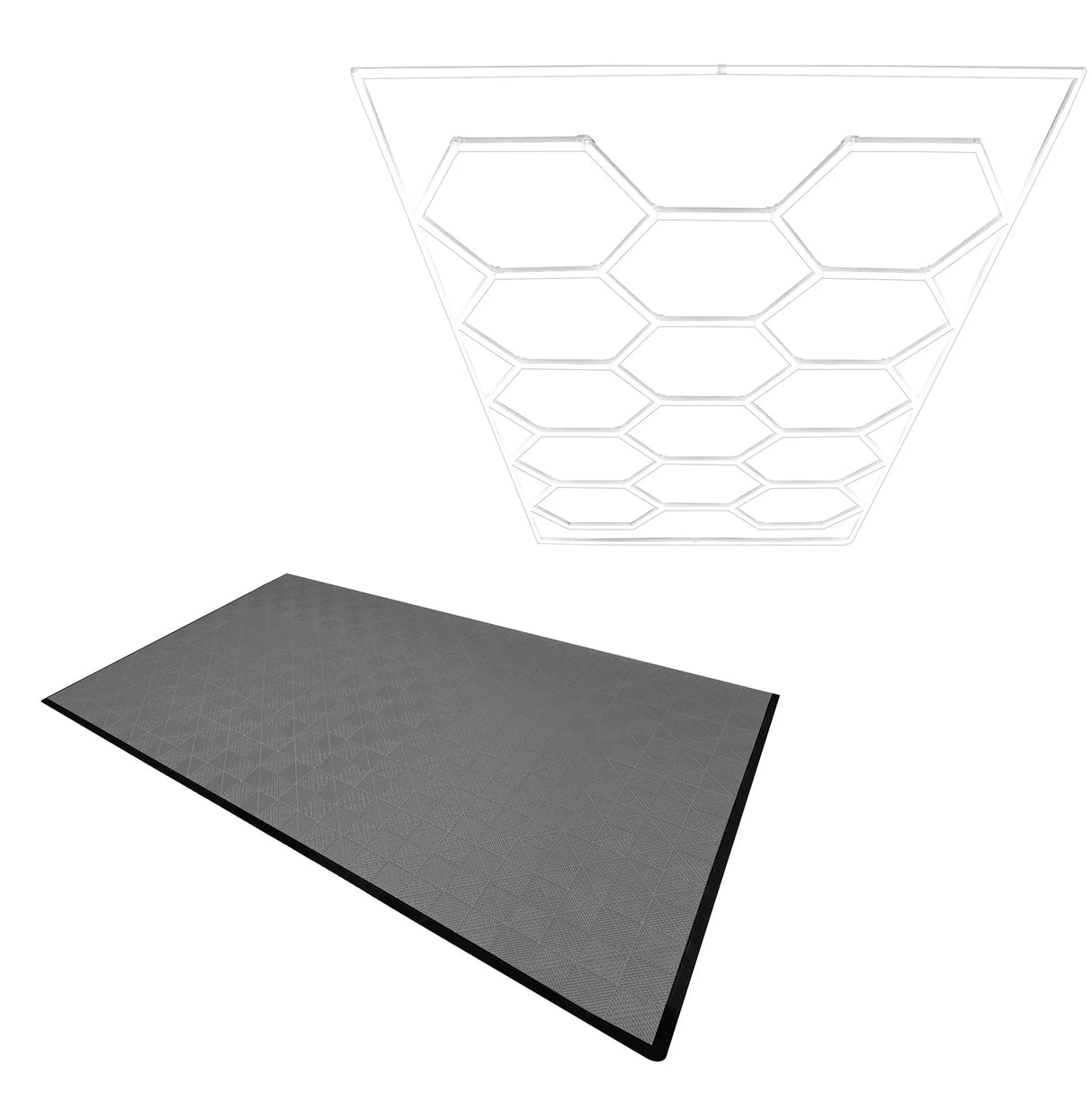 Hexagon LED light design above grey vented garage floor tiles with textured surface, featuring black edges for a sleek finish