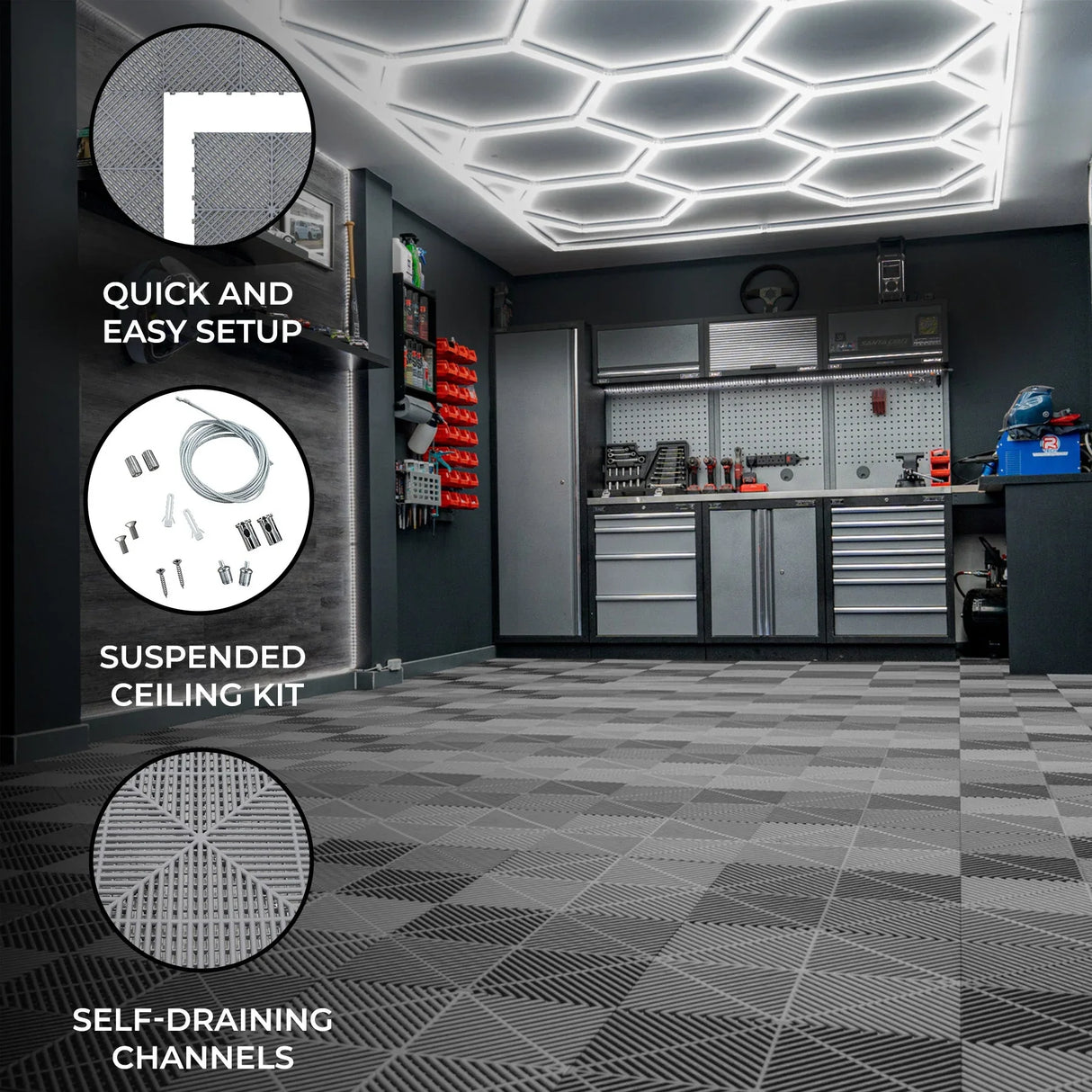 Hexagon LED light and grey vented garage floor tiles, featuring a sleek design, textured surface, and easy setup for modern spaces
