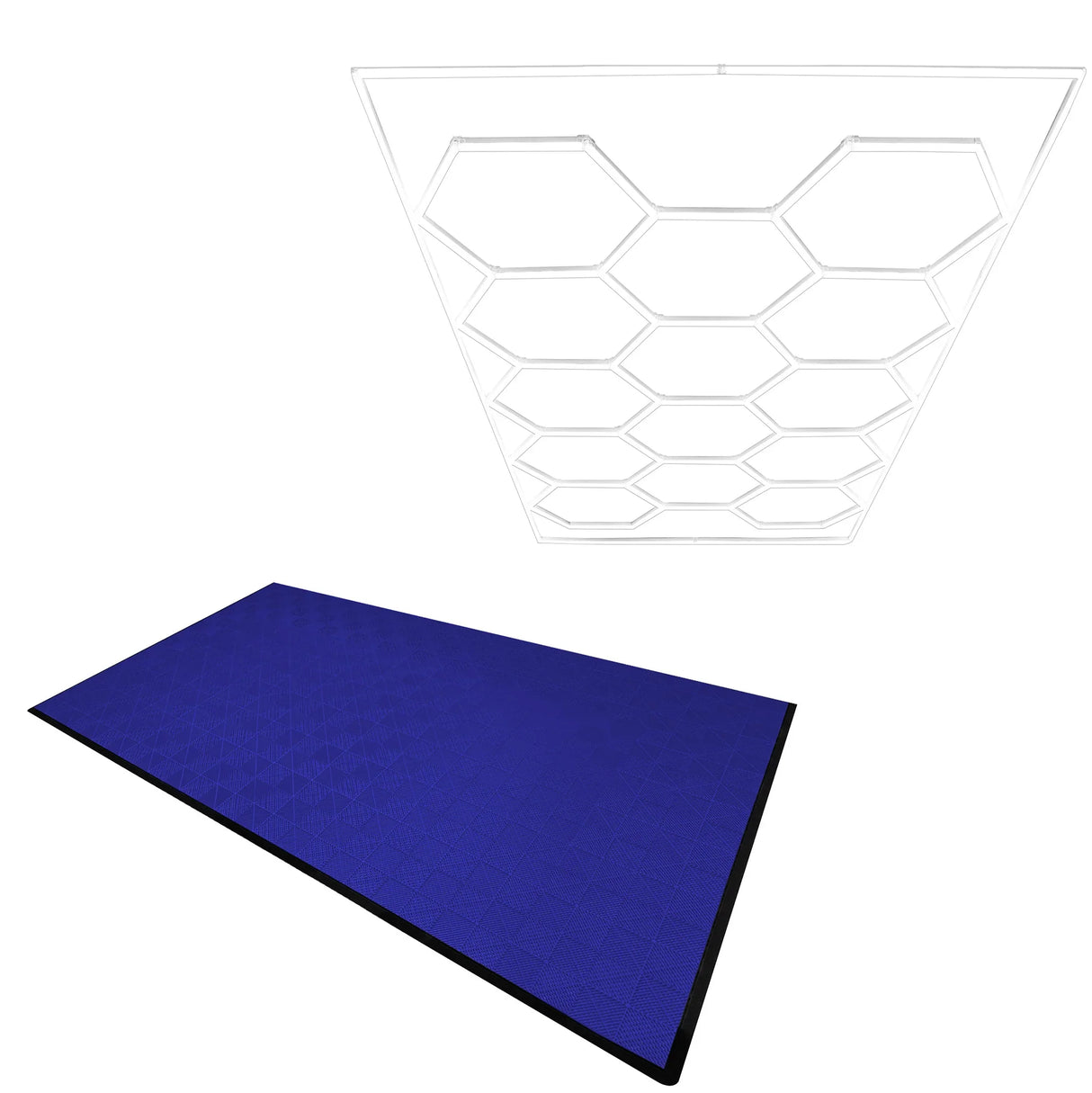 Hexagon LED light design with blue vented garage floor tiles, featuring a textured surface and black edges for durability