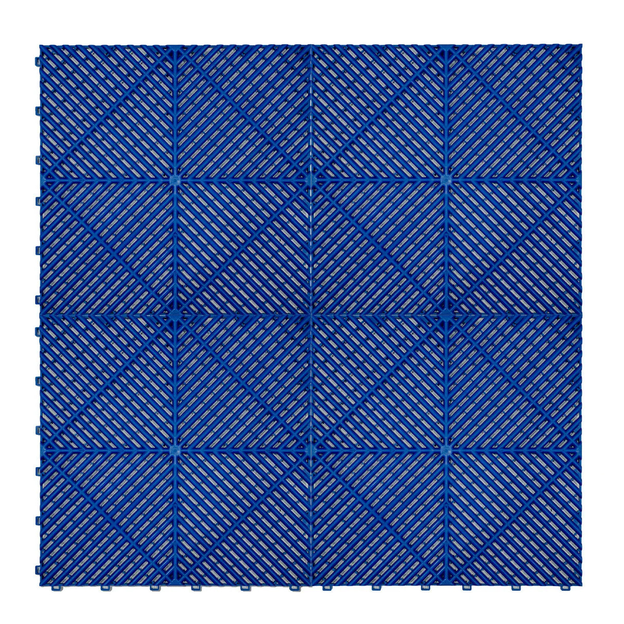 Hexagon LED light and vented garage floor tiles in vibrant blue, featuring a textured surface and interlocking design for easy installation