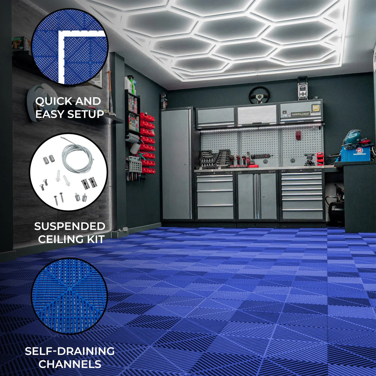Hexagon LED light and blue vented garage floor tiles, featuring a textured surface and self-draining channels for easy maintenance