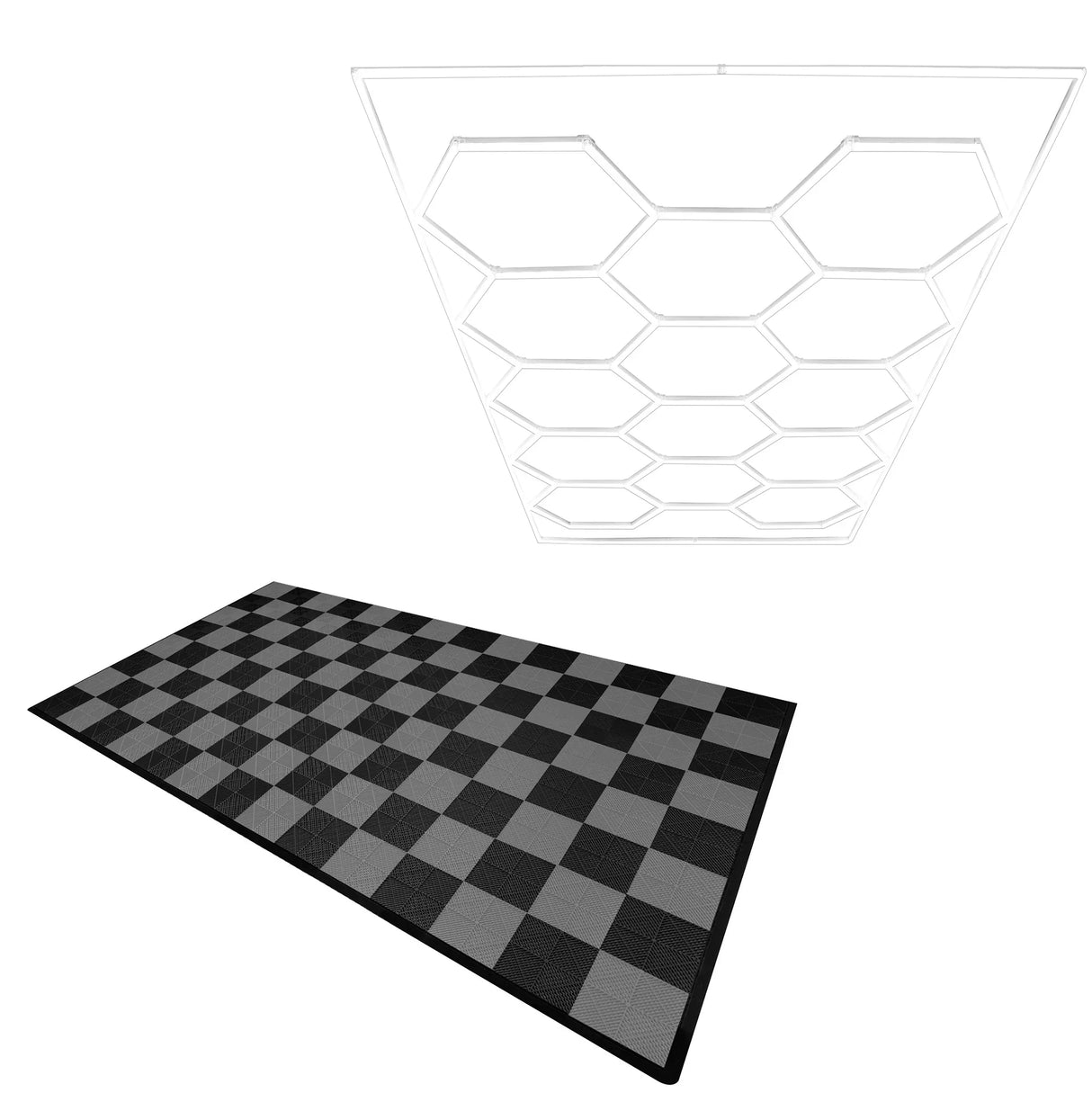 Hexagon LED light design above a checkered pattern of black and grey vented garage floor tiles with edges, showcasing durability and style