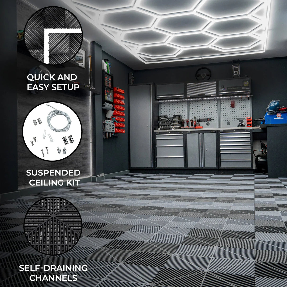 Hexagon LED light illuminates a modern garage with black and grey vented floor tiles, showcasing a sleek, textured design and organized tools
