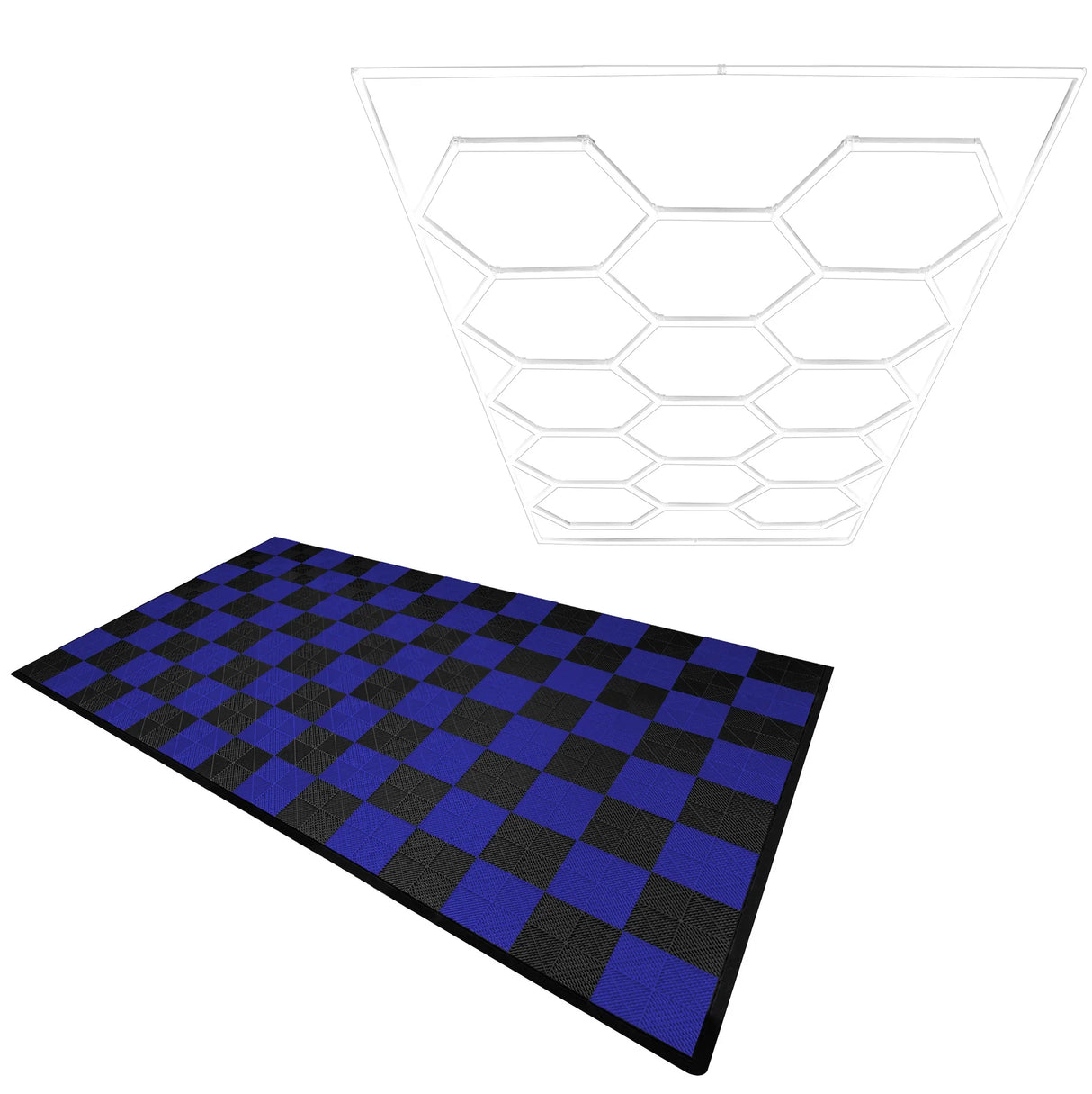 Hexagon LED light design with black and blue vented garage floor tiles, featuring a textured surface and interlocking edges