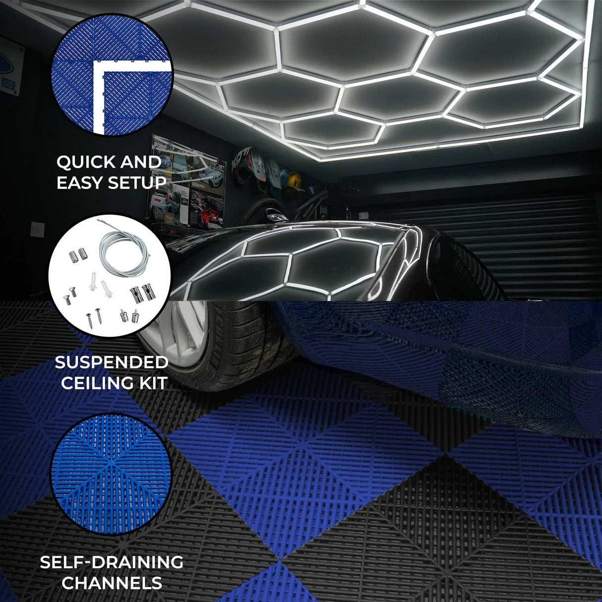 Hexagon LED light and vented garage floor tiles in black and blue, showcasing self-draining channels and a sleek, modern design