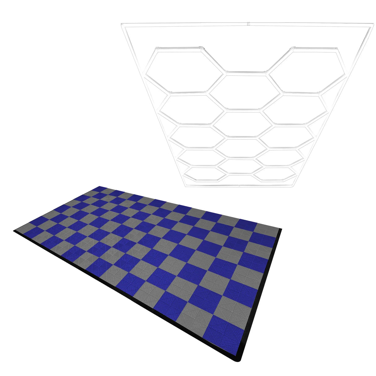 Hexagon LED light design with grey and blue vented garage floor tiles, featuring a textured surface and interlocking edges