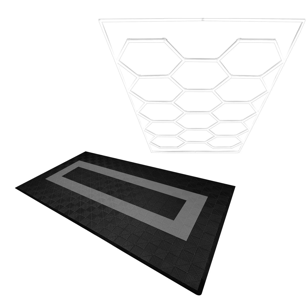Hexagon LED light design above black and grey vented garage floor tiles, showcasing textured surfaces and edge detailing