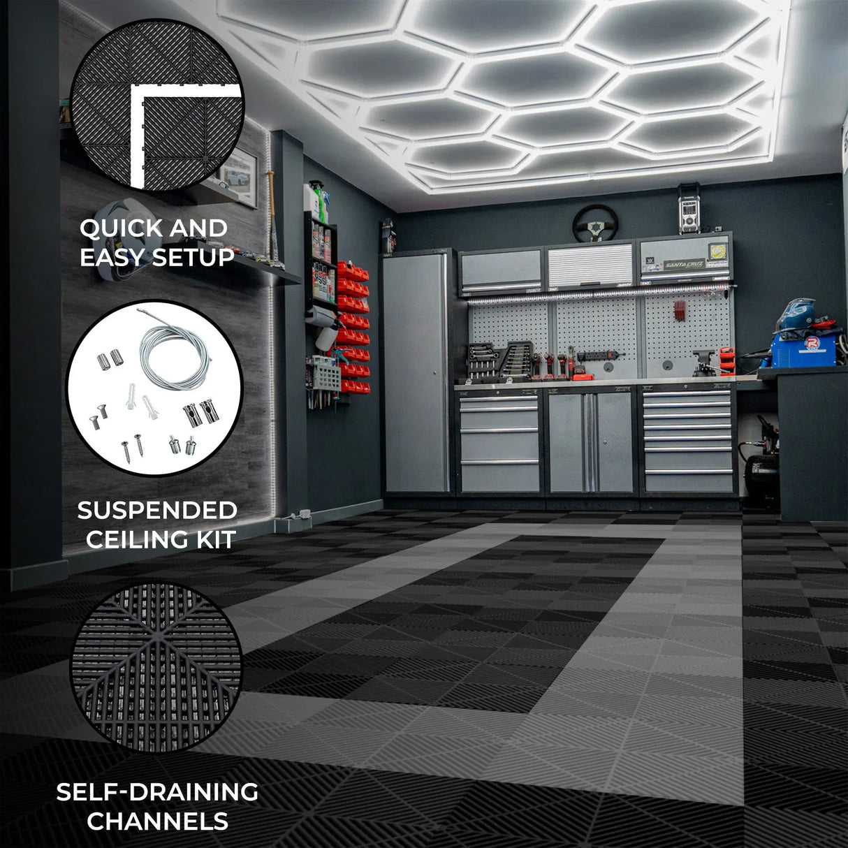 Hexagon LED light illuminates a sleek garage with black and grey vented floor tiles, featuring self-draining channels and easy setup