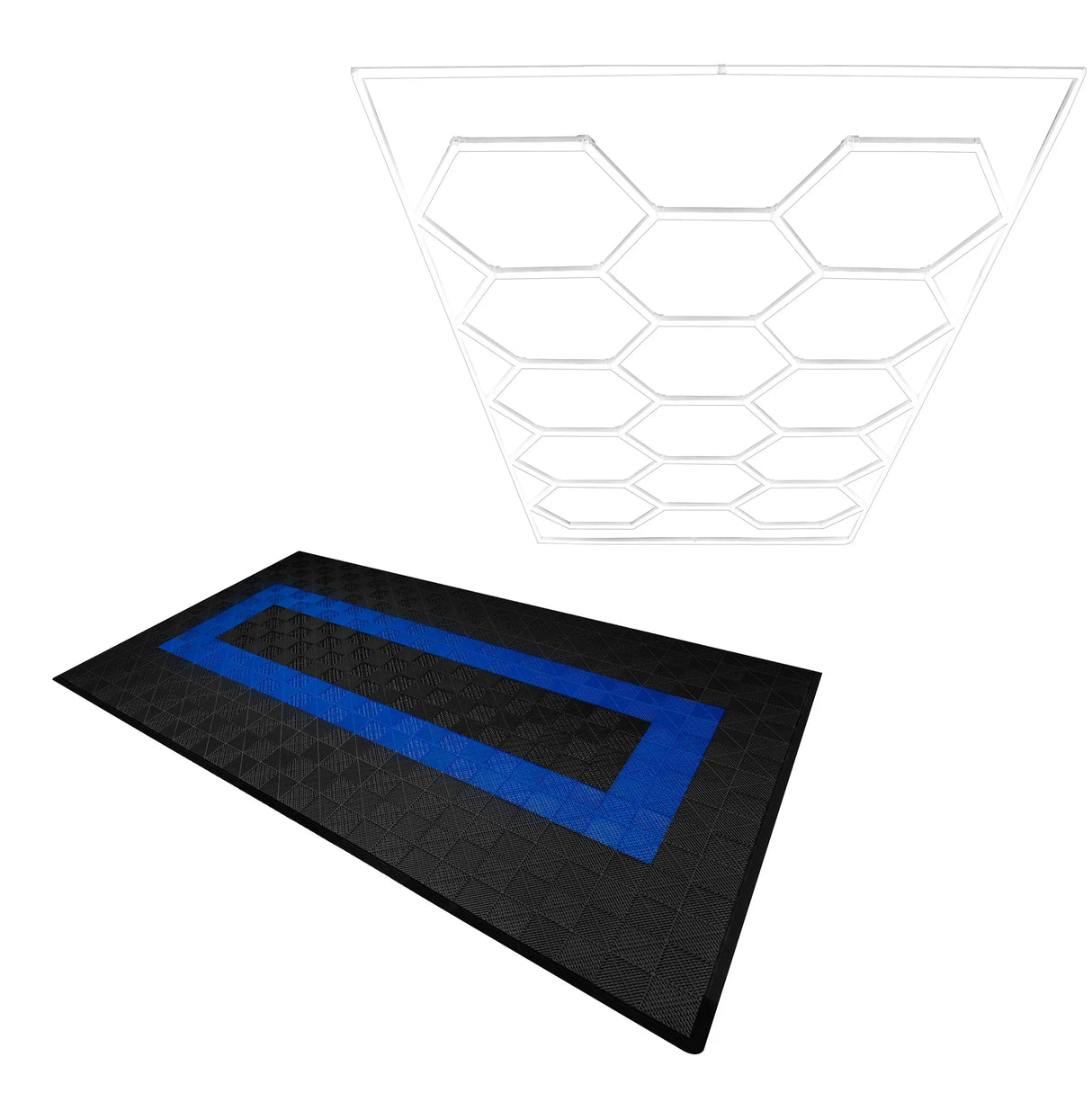Hexagon LED light and vented garage floor tiles in black with blue accents, featuring a textured surface and interlocking edges