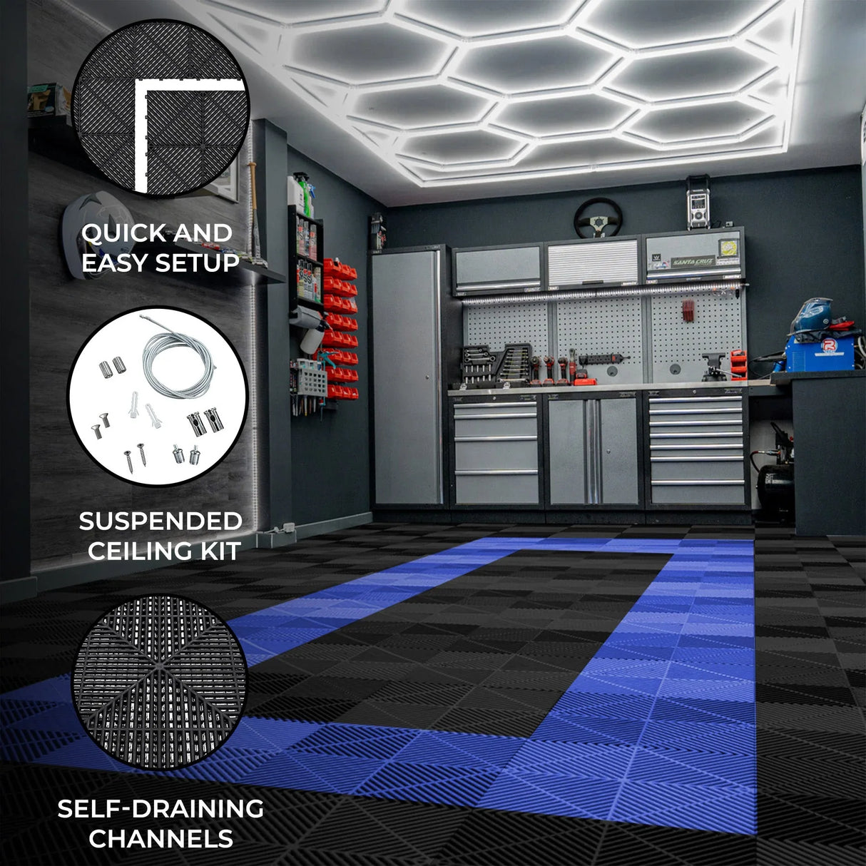 Hexagon LED light illuminates a garage with black and blue vented floor tiles, showcasing a sleek, modern design and easy setup