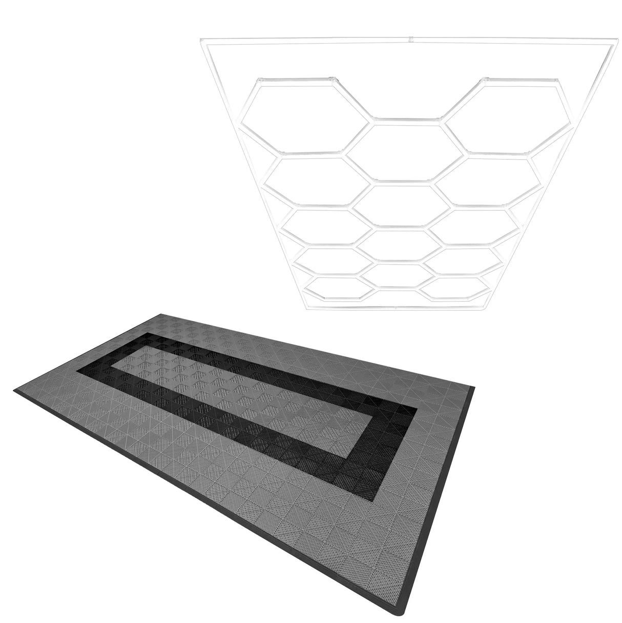 Hexagon LED light and vented garage floor tiles in grey and black, featuring a textured surface and interlocking edges for easy installation