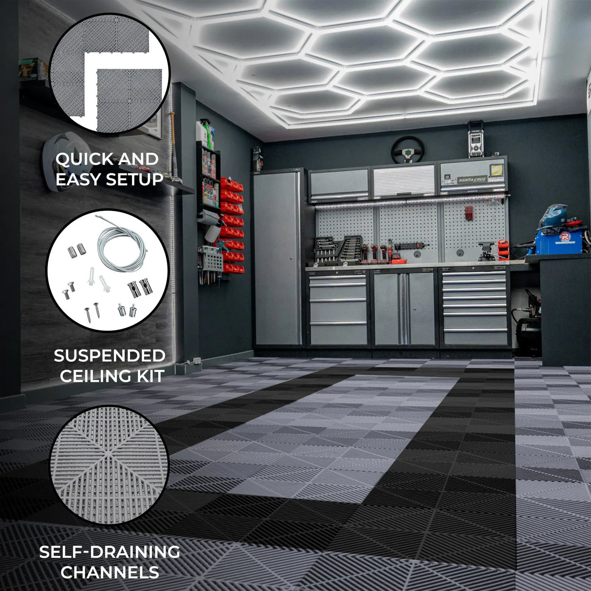 Hexagon LED light and vented garage floor tiles in grey and black, showcasing a modern setup with self-draining channels and easy installation features