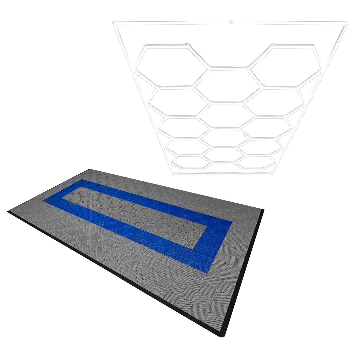 Hexagon LED light and vented garage floor tiles in grey with blue accents, featuring a textured surface and interlocking edges