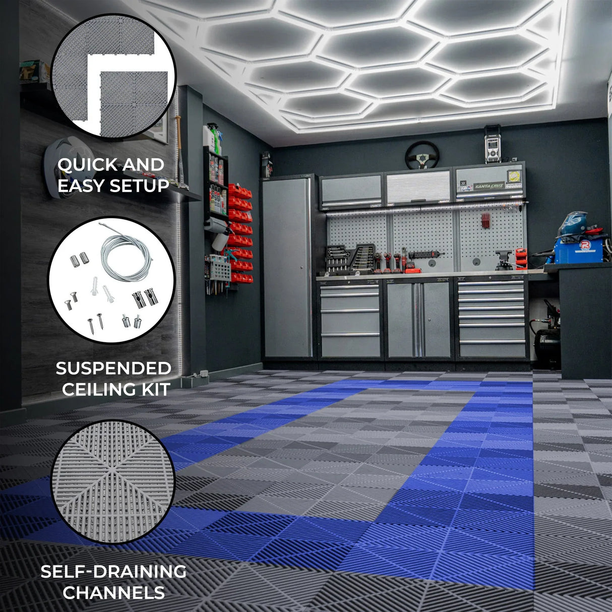 Hexagon LED light and vented garage floor tiles in grey and blue, featuring a textured surface and self-draining channels for easy maintenance