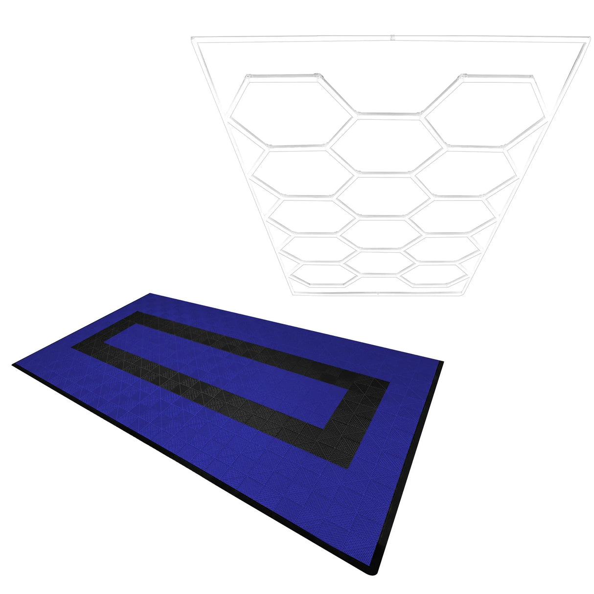 Hexagon LED light and vented garage floor tiles in blue and black, featuring a textured surface and edge pieces for a seamless fit