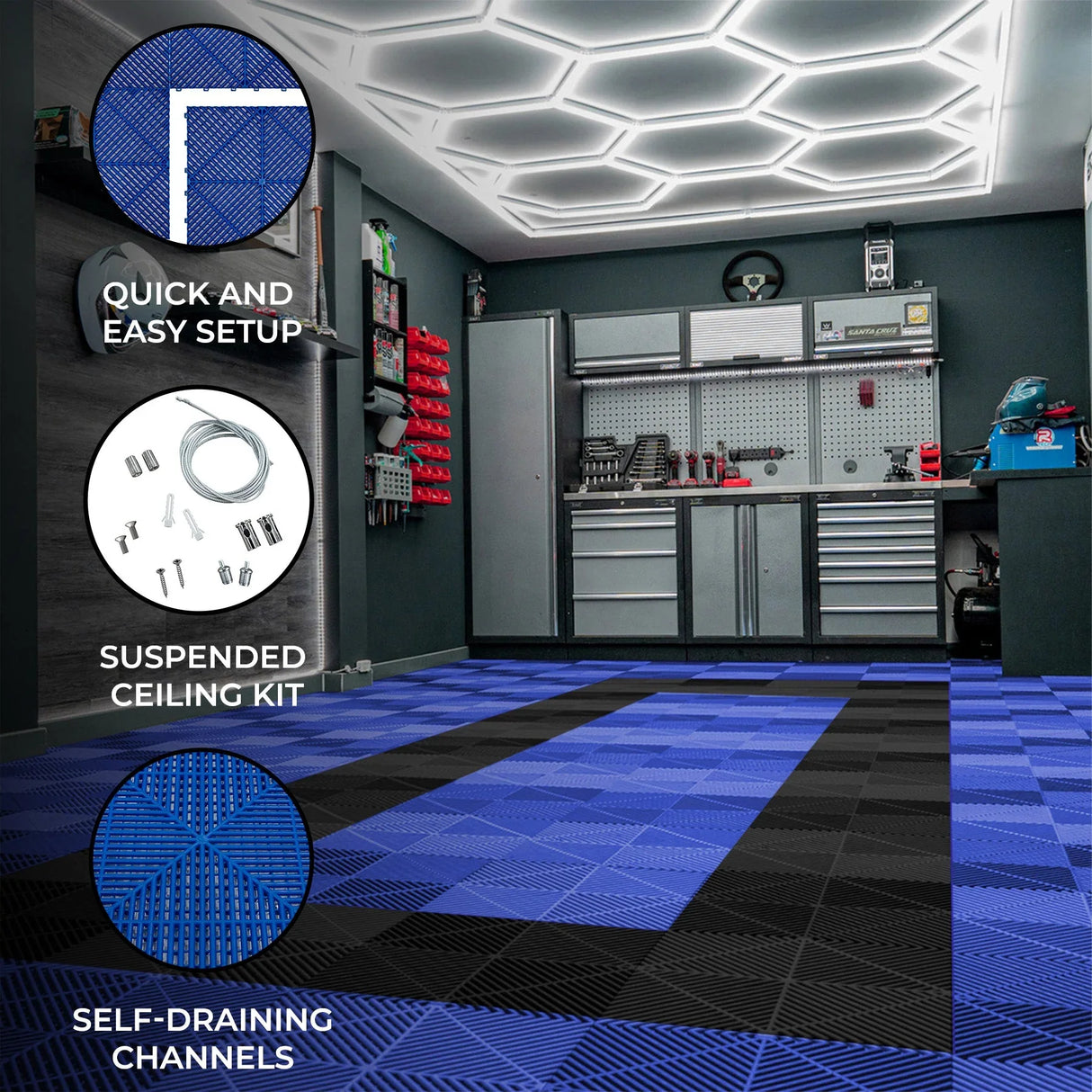 Hexagon LED light and vented garage floor tiles in blue and black, featuring a textured surface and self-draining channels for easy maintenance