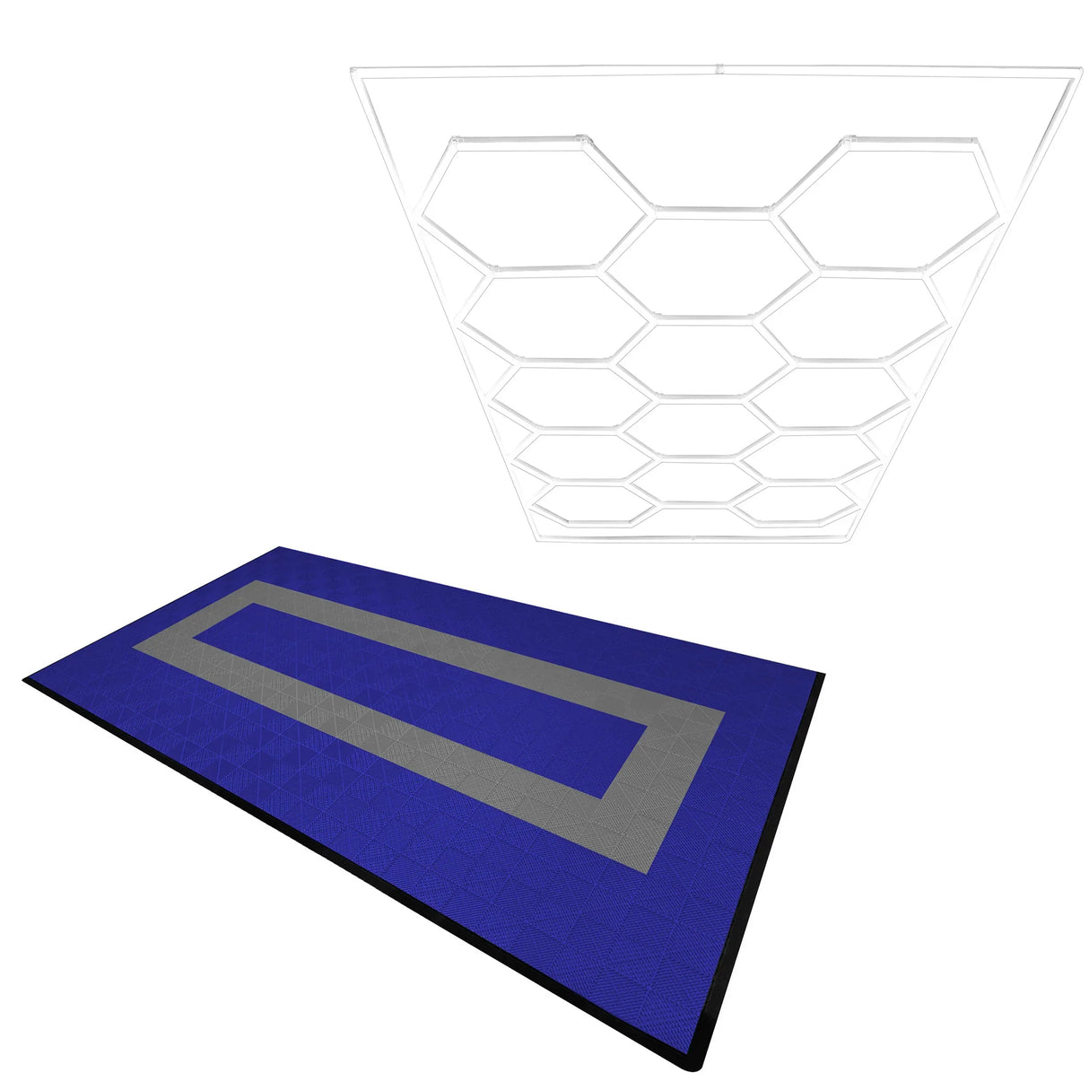 Hexagon LED light and vented garage floor tiles in blue and grey, featuring a textured surface and interlocking edges for easy installation