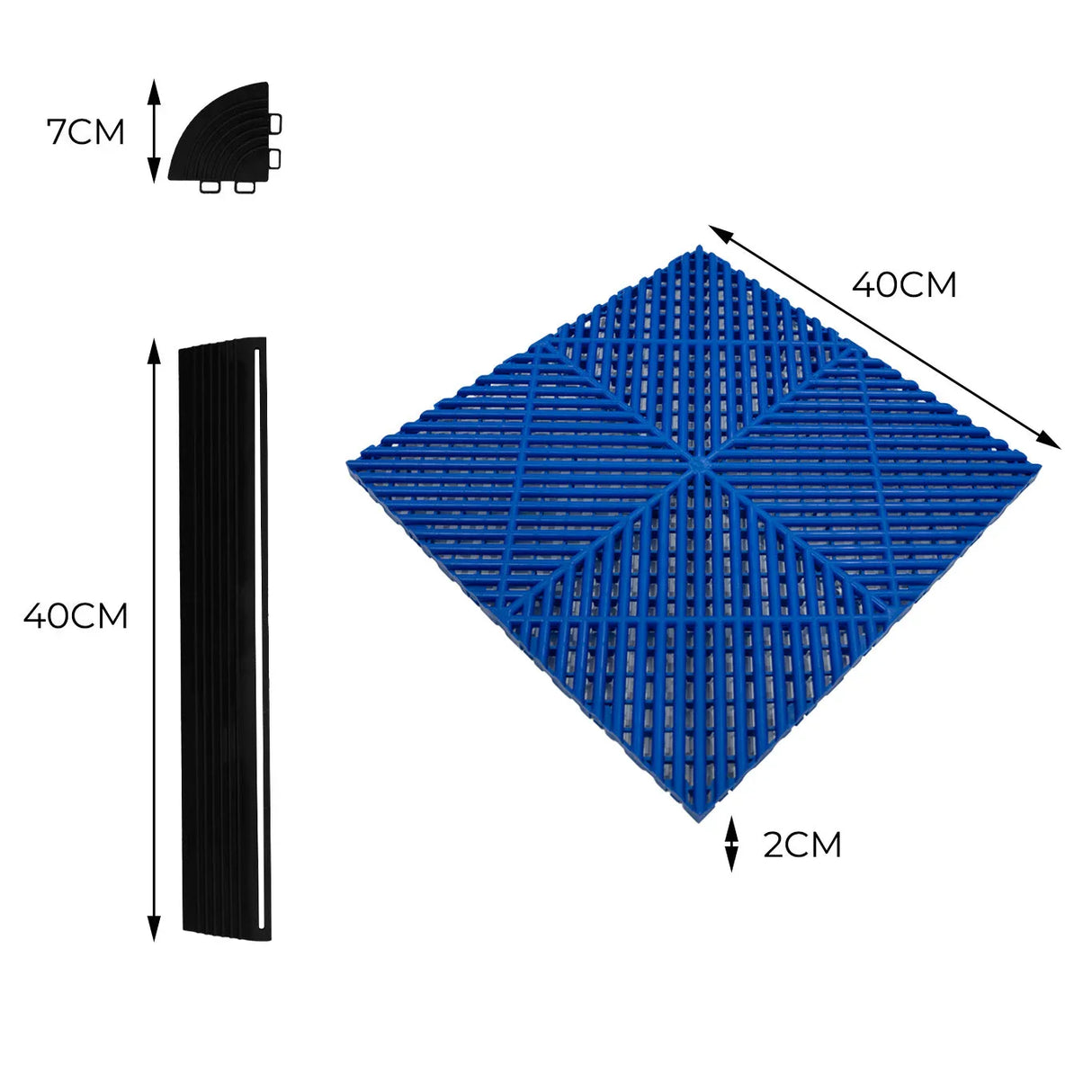 Hexagon LED light and vented garage floor tiles in blue and grey, featuring a textured surface and interlocking edges, measuring 40cm each