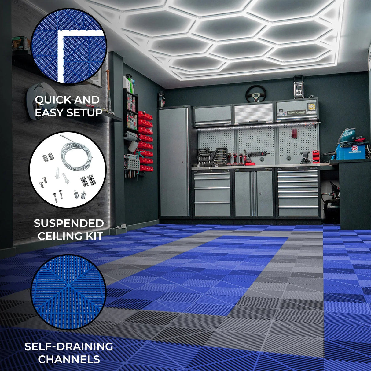 Hexagon LED lighted garage with blue and grey vented floor tiles, showcasing a modern design and self-draining channels