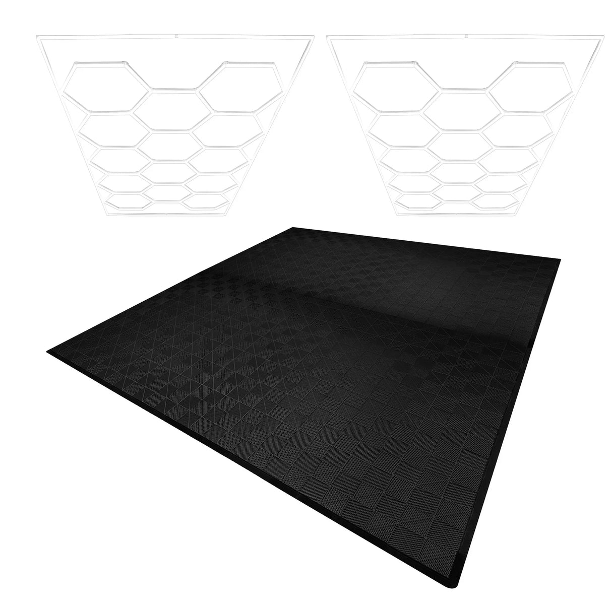 Hexagon LED lights in white paired with black vented garage floor tiles featuring a textured, diamond pattern and edge pieces