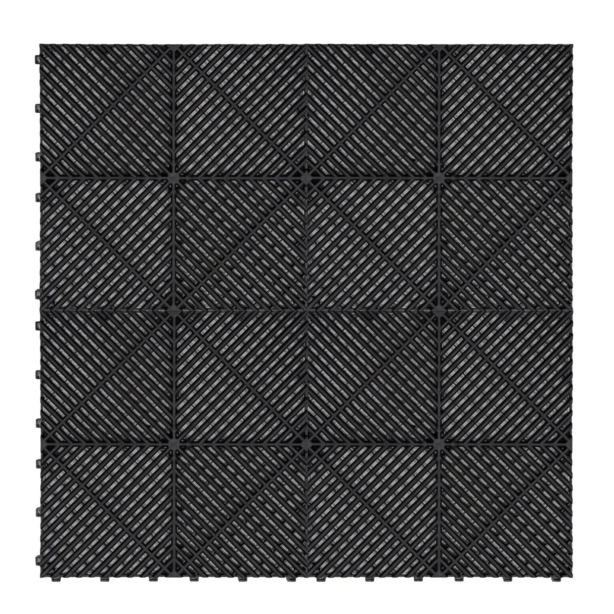 Black vented garage floor tiles arranged in a hexagonal pattern, featuring a textured surface for enhanced grip and durability