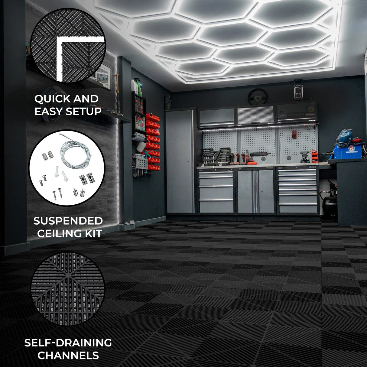 Hexagon LED lights illuminate a sleek garage with black vented floor tiles, featuring a modern design and self-draining channels