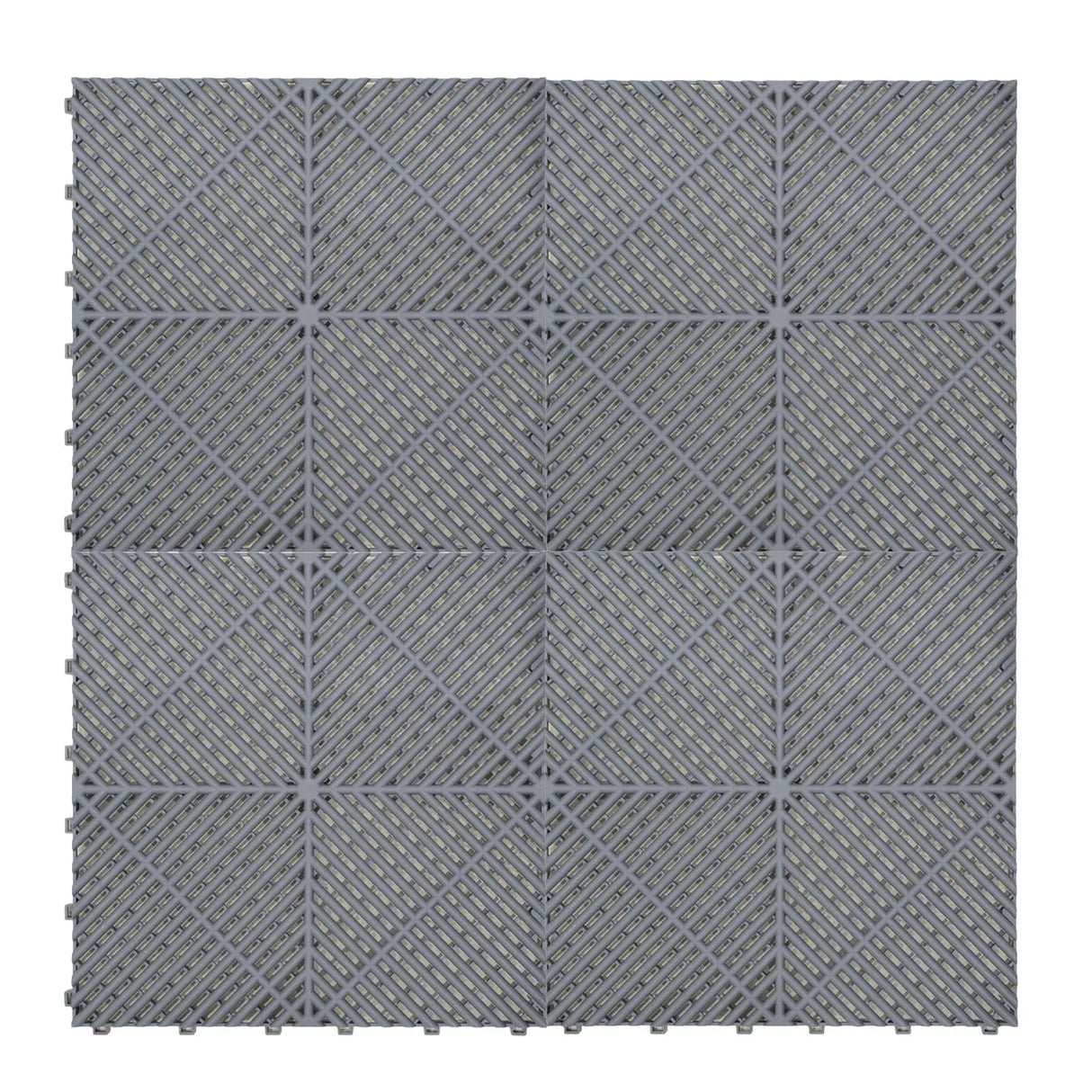 Grey vented garage floor tiles arranged in a hexagonal pattern, showcasing a textured surface for enhanced grip and durability
