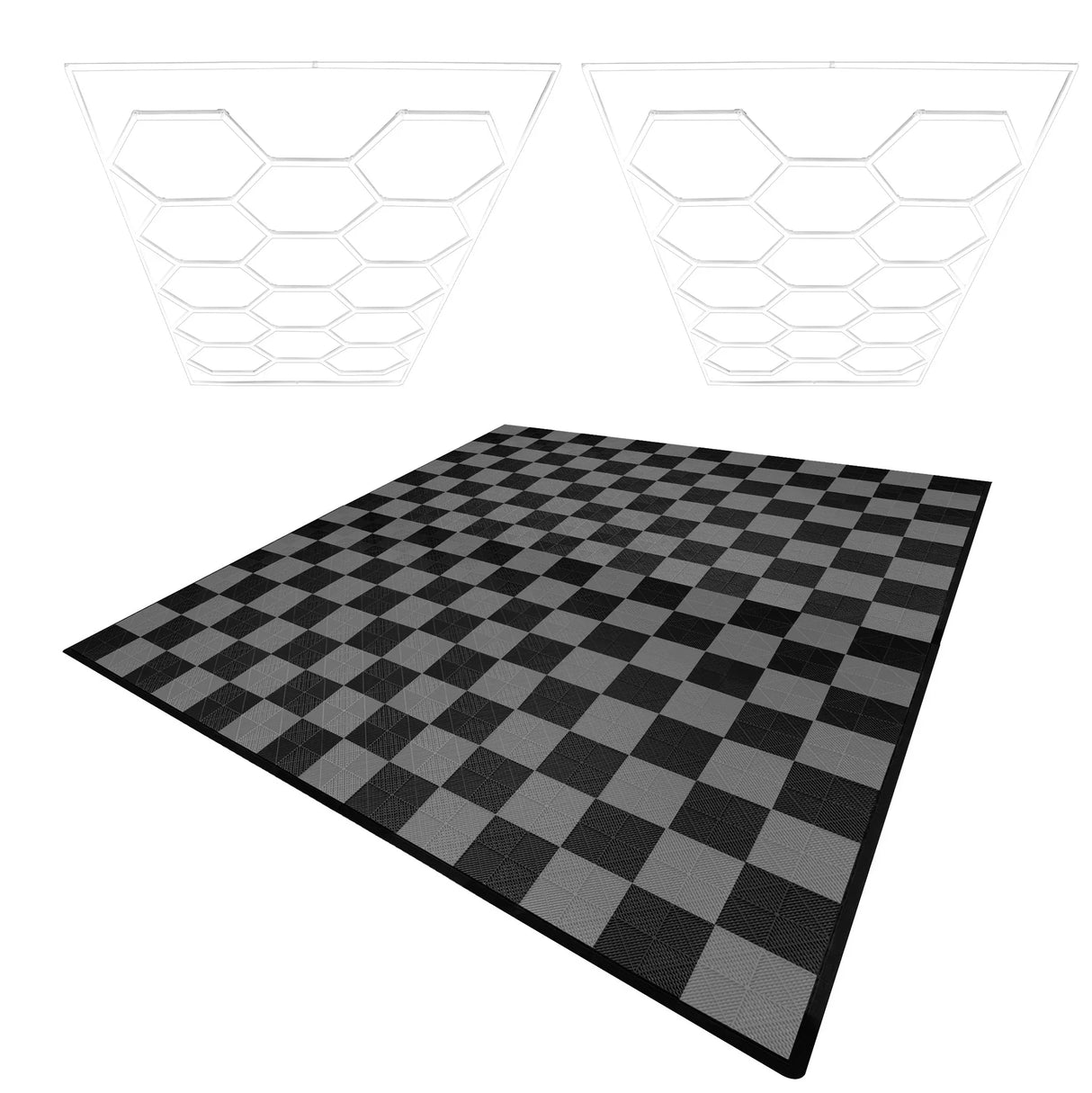 Hexagon LED lights in white above a black and grey checkerboard vented garage floor tile with textured edges