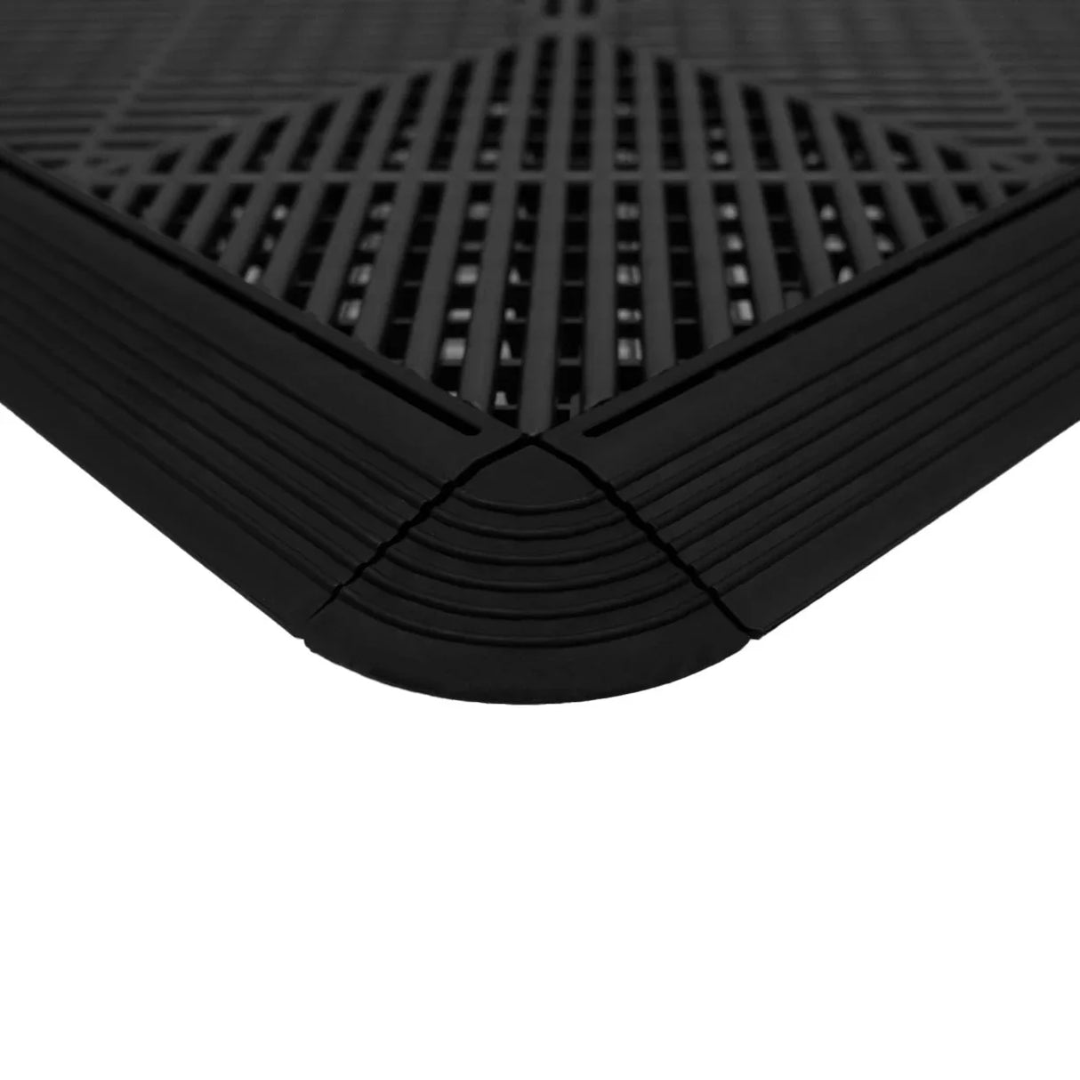 Vented garage floor tile corner in black, featuring a textured surface and rounded edges for a seamless fit with hexagon LED lights