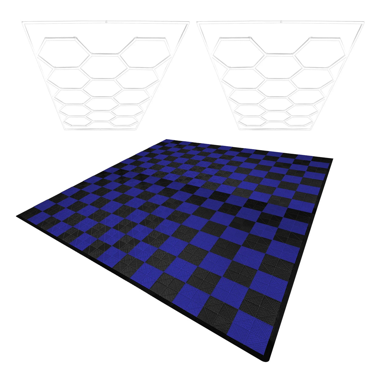 Hexagon LED lights in white above black and blue vented garage floor tiles, featuring a checkerboard pattern and textured surface