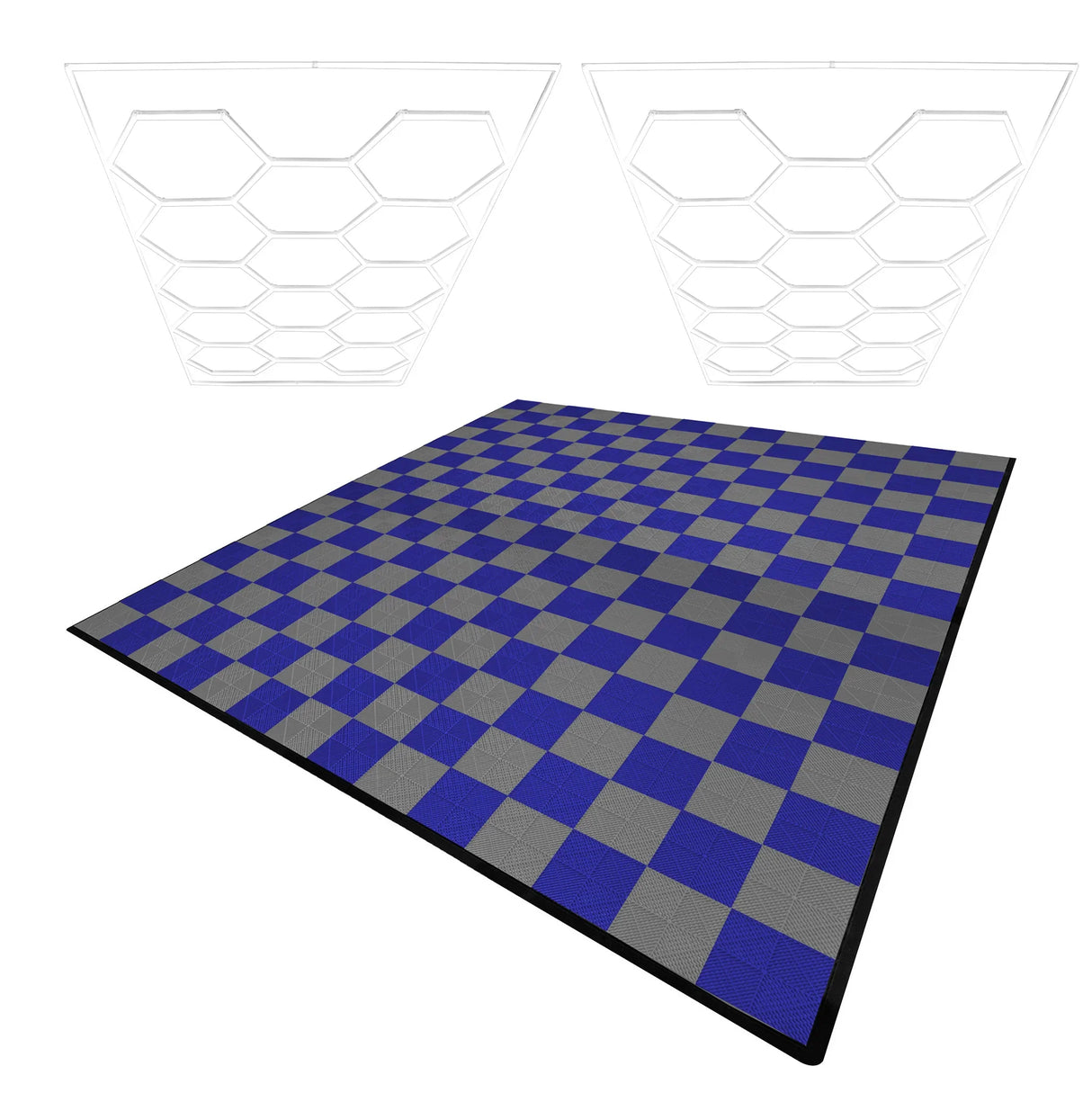 Hexagon LED lights in white above a checkered pattern of grey and blue vented garage floor tiles with edges